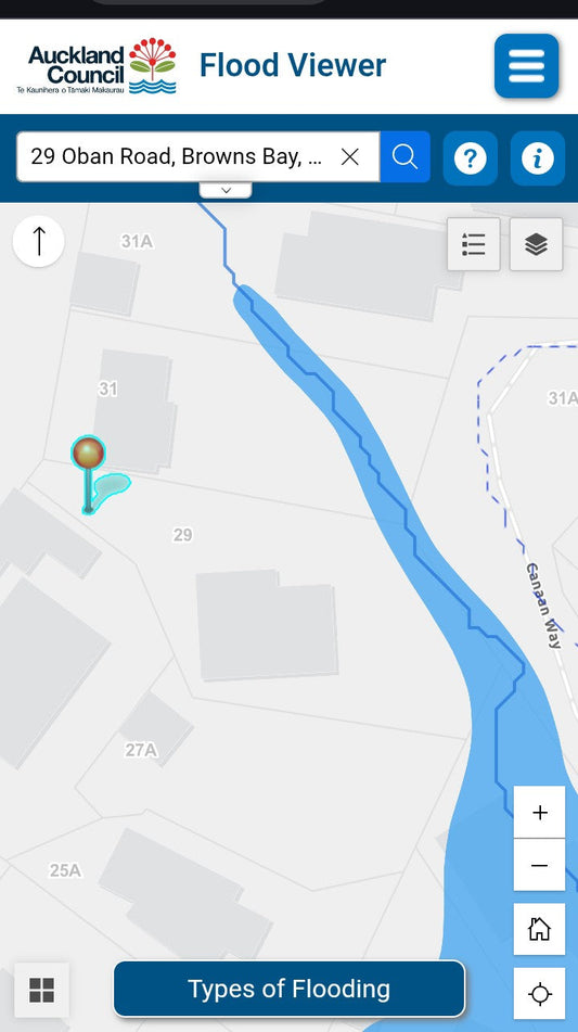 Auckland Council Flood Viewer map showing flood prone areas and overland flow paths near Oban Road in Browns Bay, Auckland